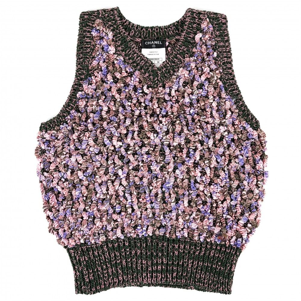 Chanel Set Vest Top Jacket Skirt 34 36 Knit Pink Green Cotton Silk — view 4