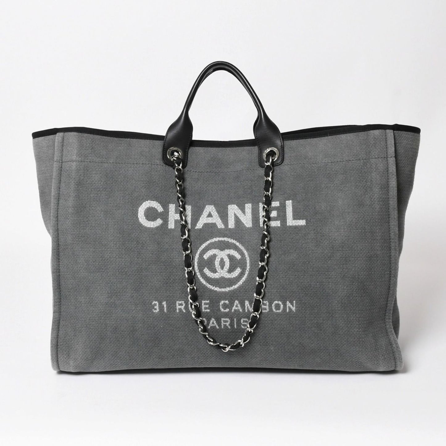 Chanel Deauville TGM Bag CC Logo Canvas Leather Gray