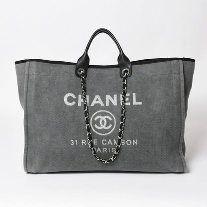 Chanel Deauville TGM Bag CC Logo Canvas Leather Gray