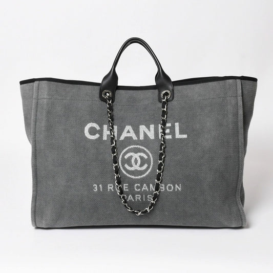 Chanel Deauville TGM Bag CC Logo Canvas Leather Gray
