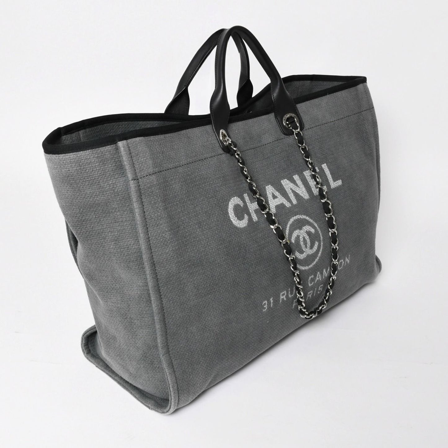 Chanel Deauville TGM Bag CC Logo Canvas Leather Gray — view 3