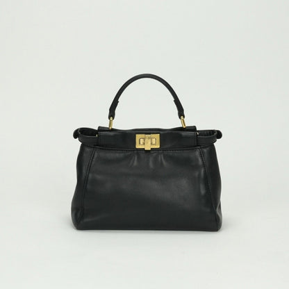 Fendi Peekaboo Small Mini Bag Tote Leather Black Gold 2-Way