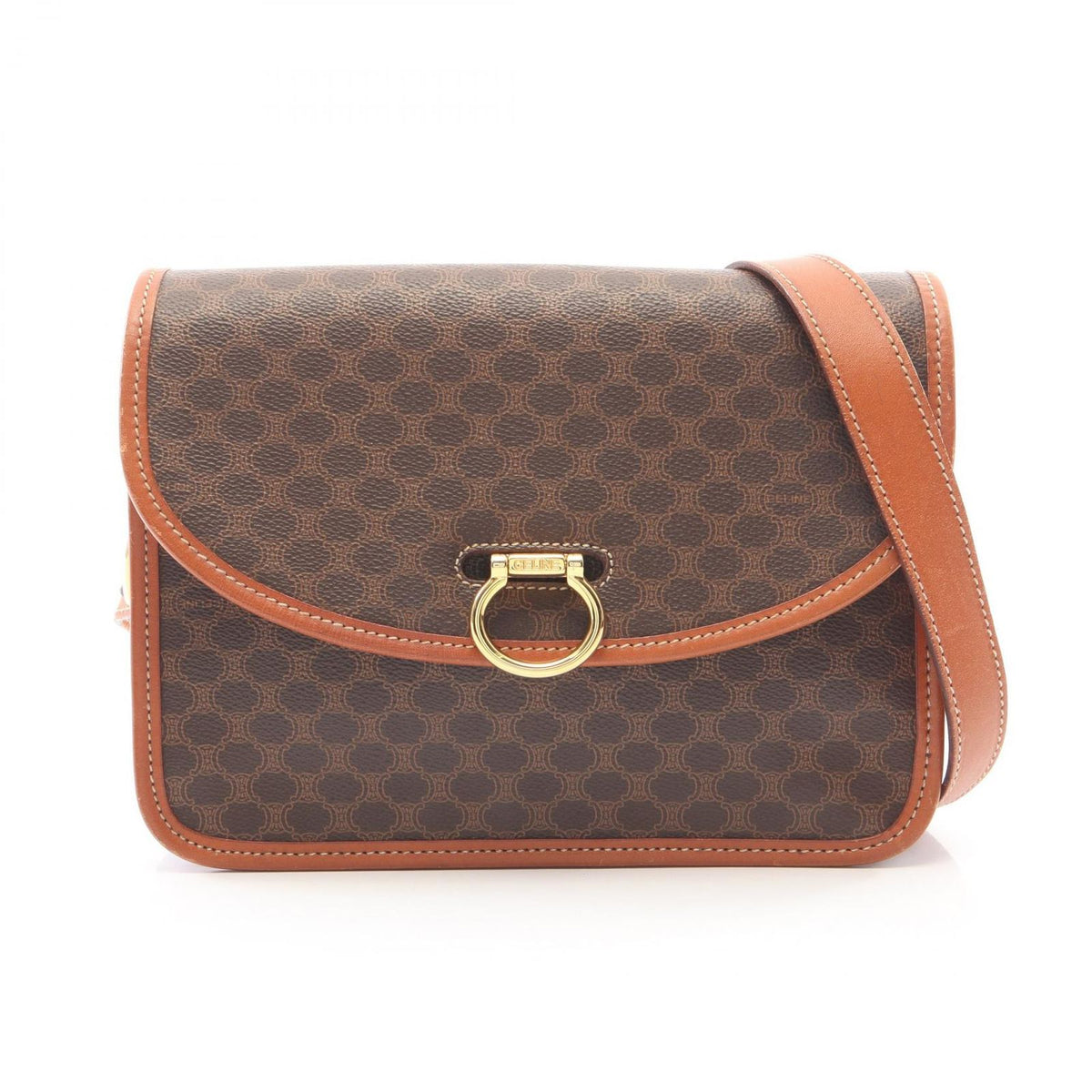 Celine Shoulder Bag Macadam Brown Dark Canvas Leather