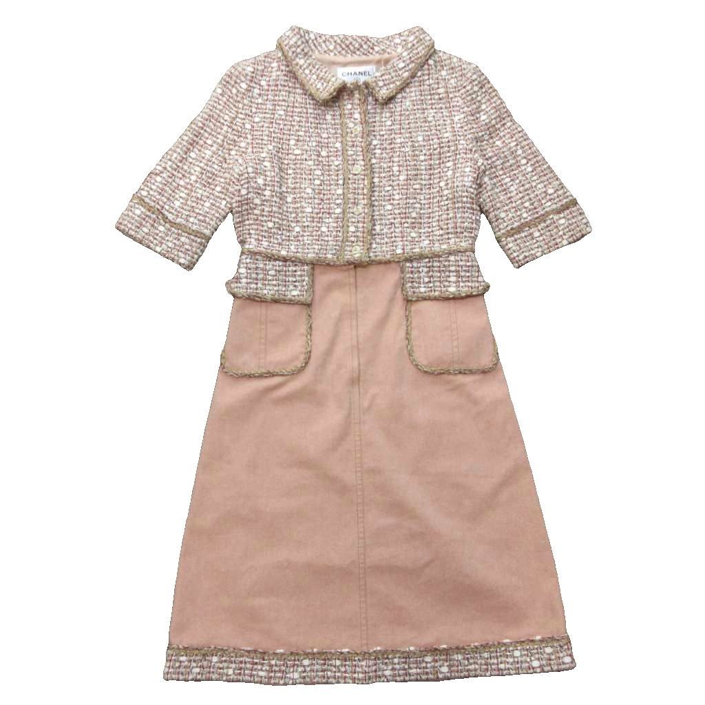 Chanel CC Logo Mixed Tweed Dress Half Sleeve Calfskin Length Pink 34 XS