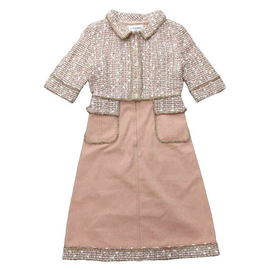 Chanel CC Logo Mixed Tweed Dress Half Sleeve Calfskin Length Pink 34 XS
