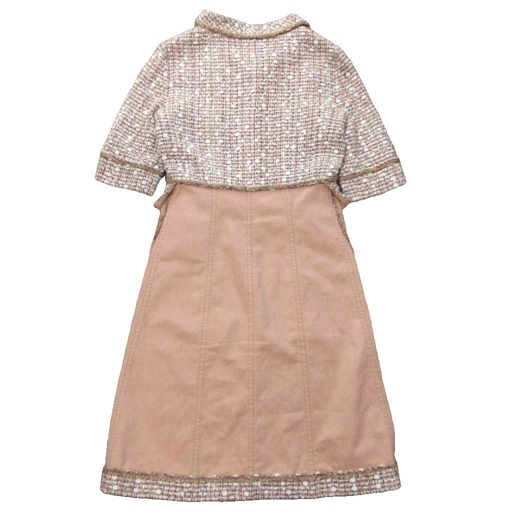 Chanel CC Logo Mixed Tweed Dress Half Sleeve Calfskin Length Pink 34 XS — view 2
