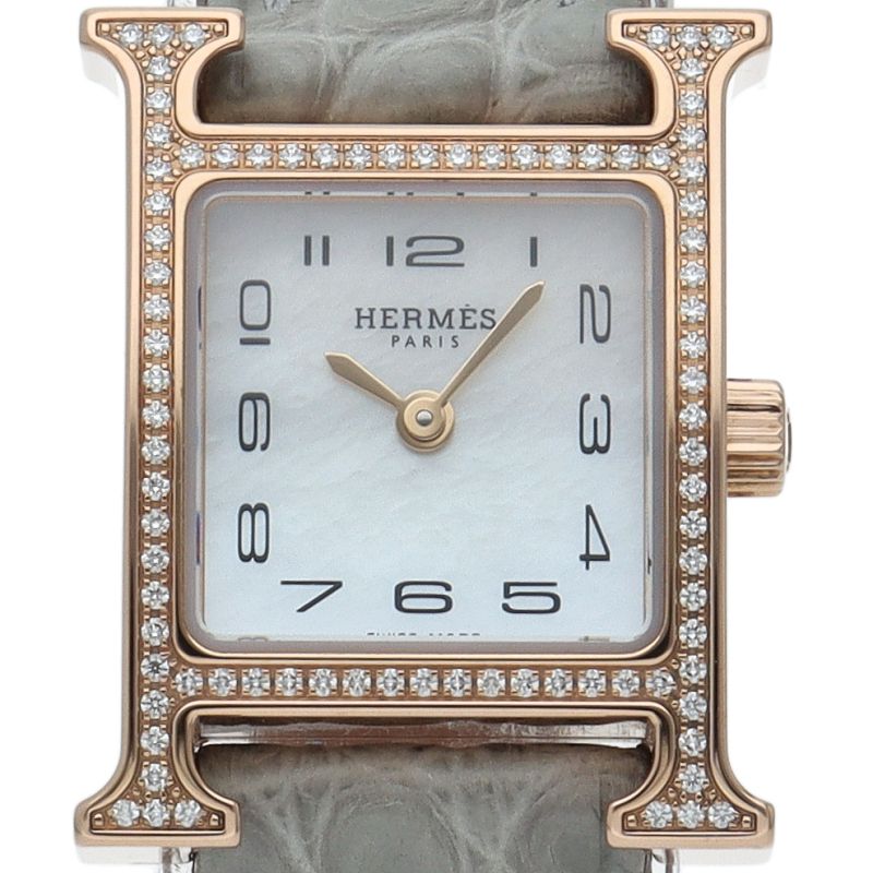 Hermes Watch Mini Diamond Bezel Shell 18K Pink Gold