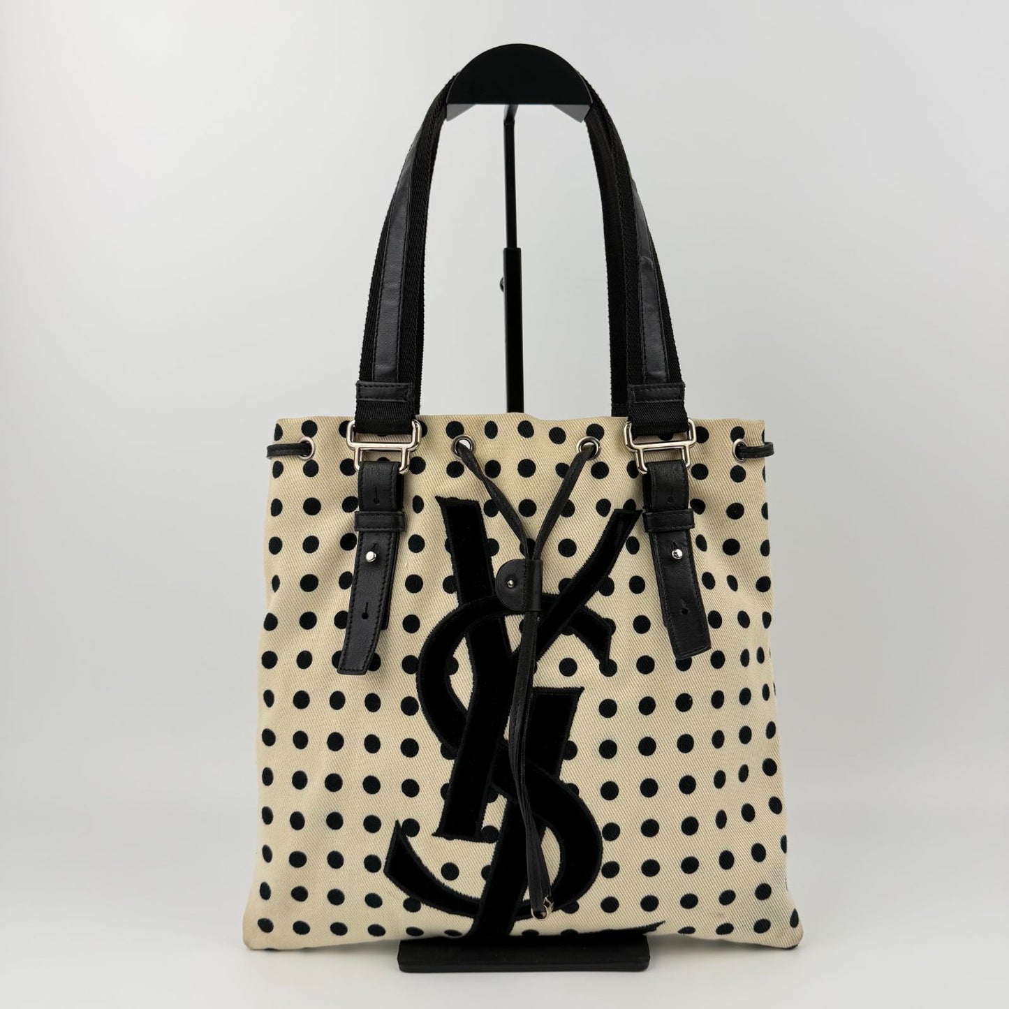 Saint Laurent Cassandra Logo Dot Pattern Handbag Canvas Leather Ivory Black — view 2