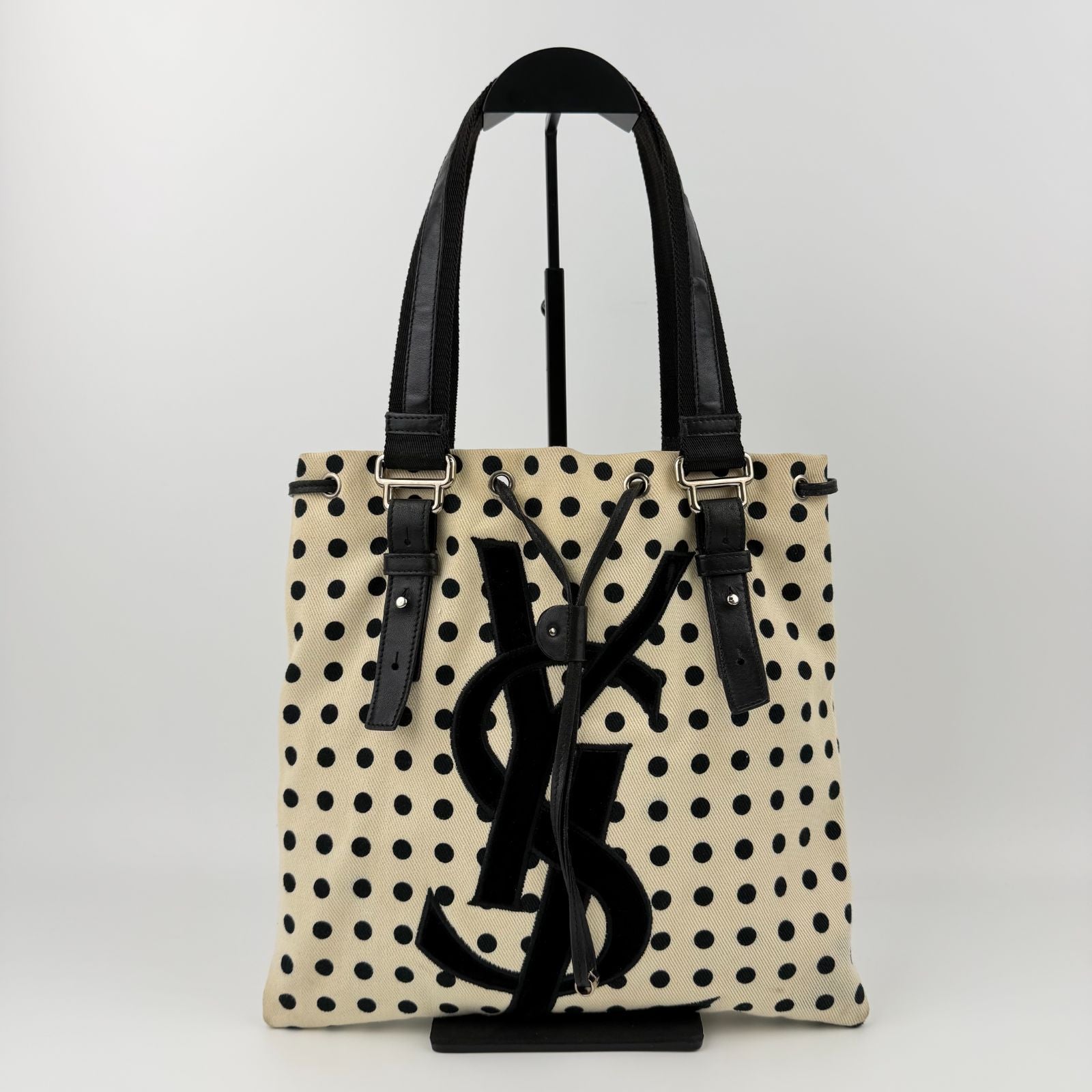 Saint Laurent Cassandra Logo Dot Pattern Handbag Canvas Leather Ivory Black — view 2