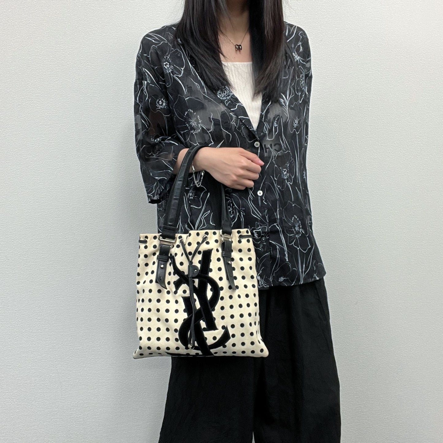 Saint Laurent Cassandra Logo Dot Pattern Handbag Canvas Leather Ivory Black