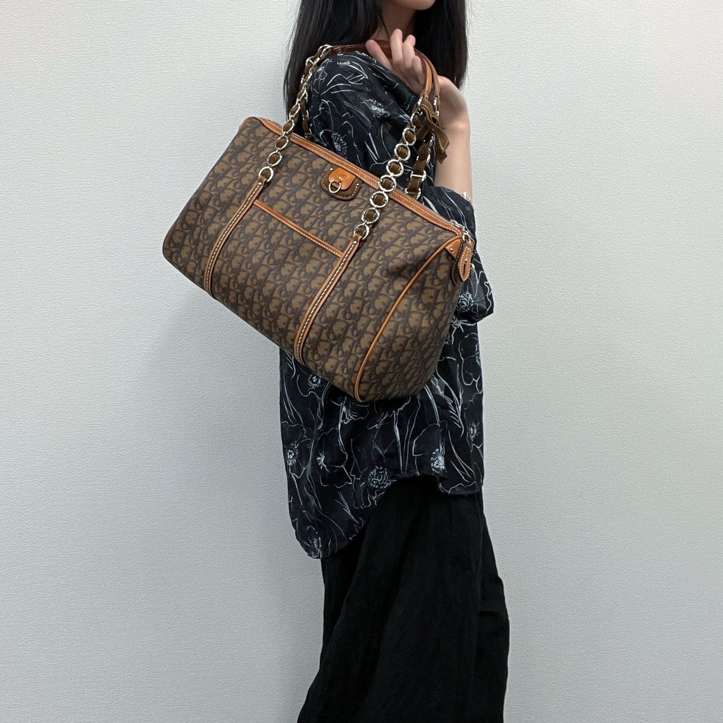 Dior Trotter Chain Shoulder Bag Leather Brown Vintage