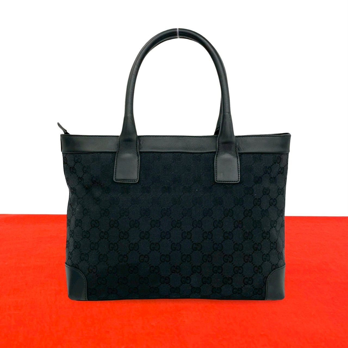 Gucci GG Logo Pattern Canvas Leather Mini Tote Shoulder Bag Black