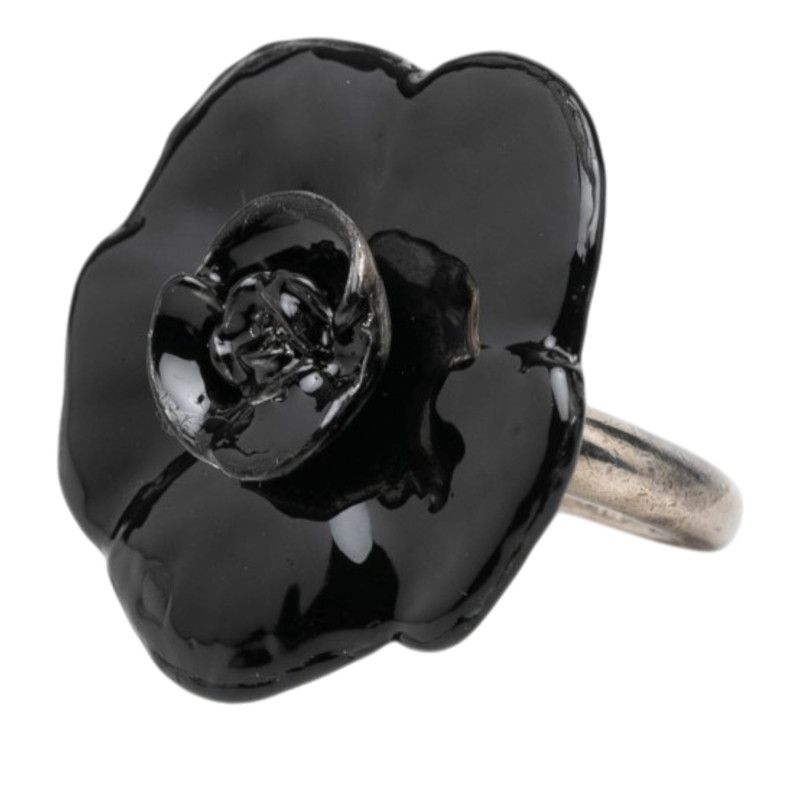 Chanel 01A Camellia Ring Silver Black Metal — view 2