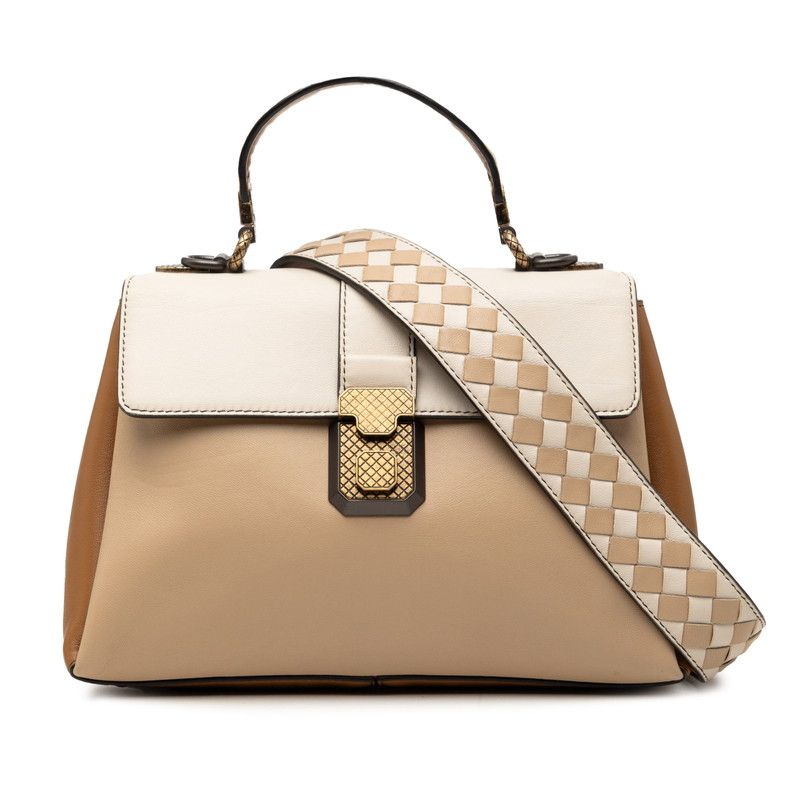 Bottega Veneta Small Piazza 2-Way Shoulder Bag Beige Brown White Leather