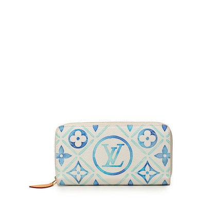 Louis Vuitton Monogram Tile Zippy Wallet Zip Around Rag White Blue Leather