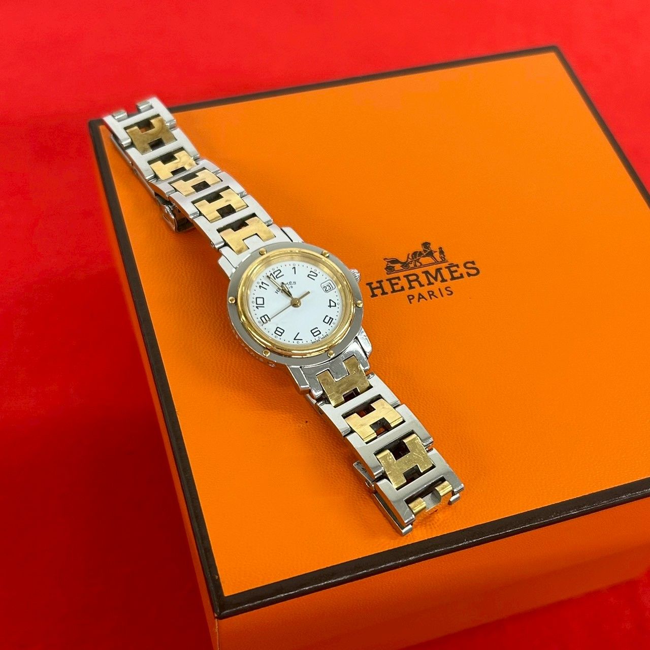 Hermes Clipper Stainless Steel Quartz Watch Wristwatch Silver Gold