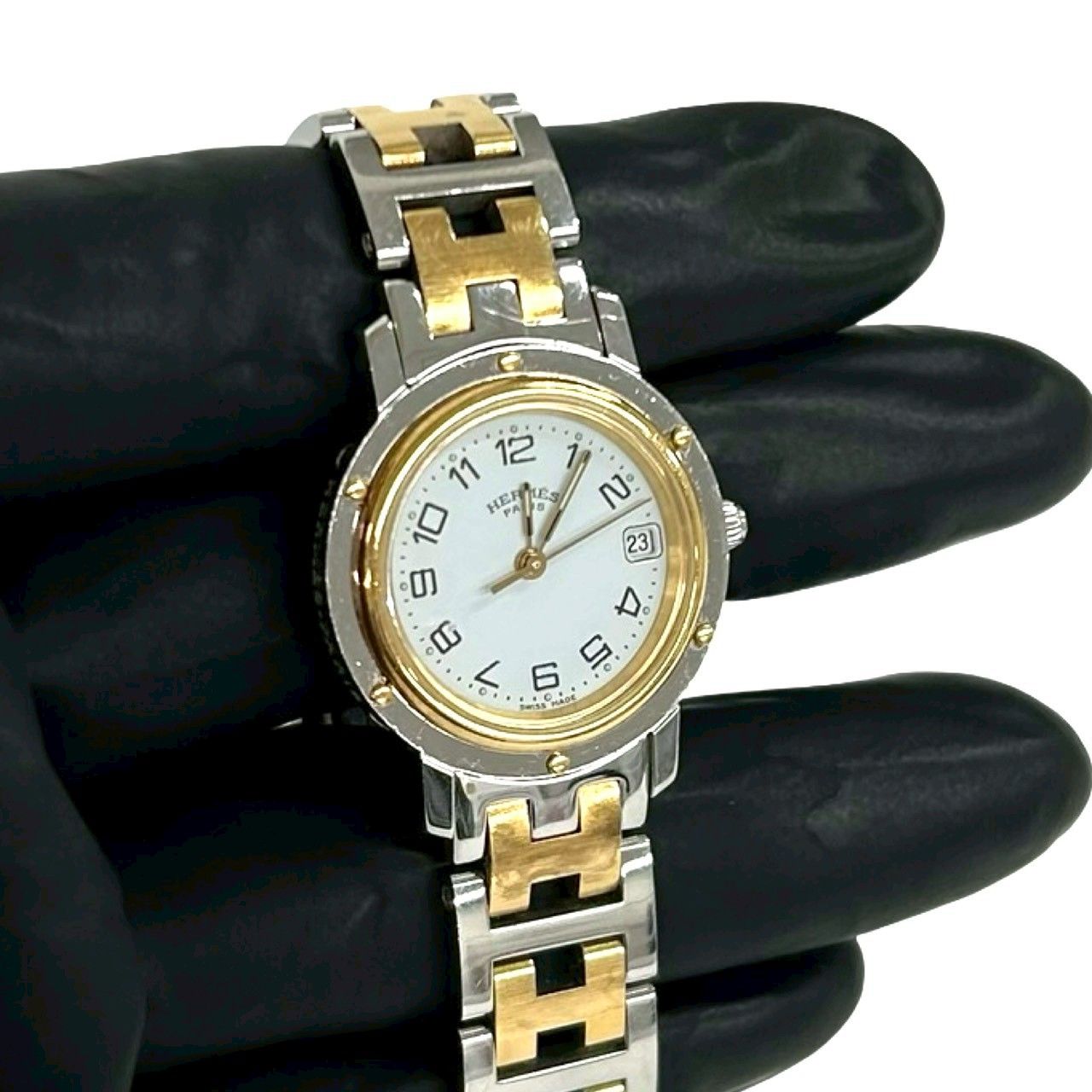 Hermes Clipper Stainless Steel Quartz Watch Wristwatch Silver Gold — view 4
