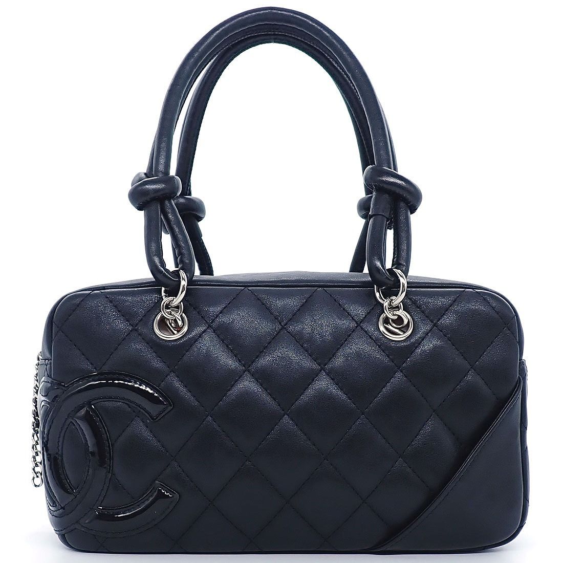 Chanel Handbag Cambon Line Mini Bowling Black Pink Lambskin Silver