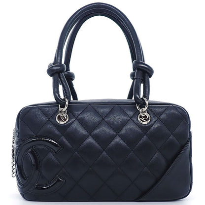 Chanel Handbag Cambon Line Mini Bowling Black Pink Lambskin Silver