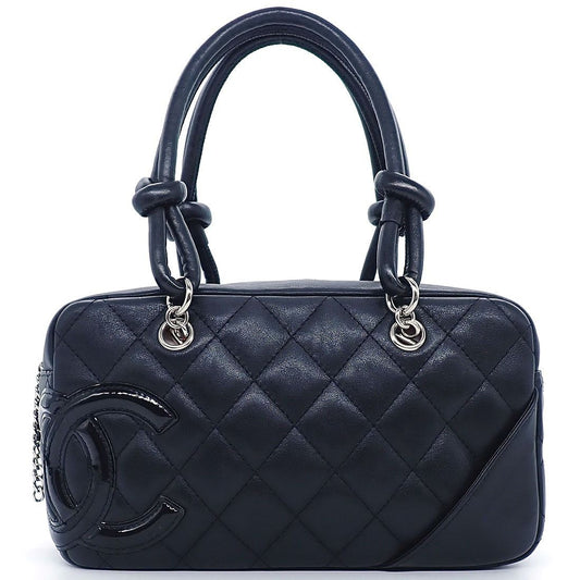 Chanel Handbag Cambon Line Mini Bowling Black Pink Lambskin Silver