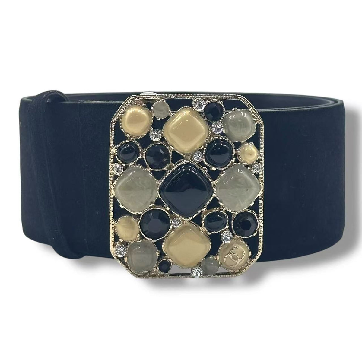 Chanel Gripoix Belt Rhinestone Suede Black