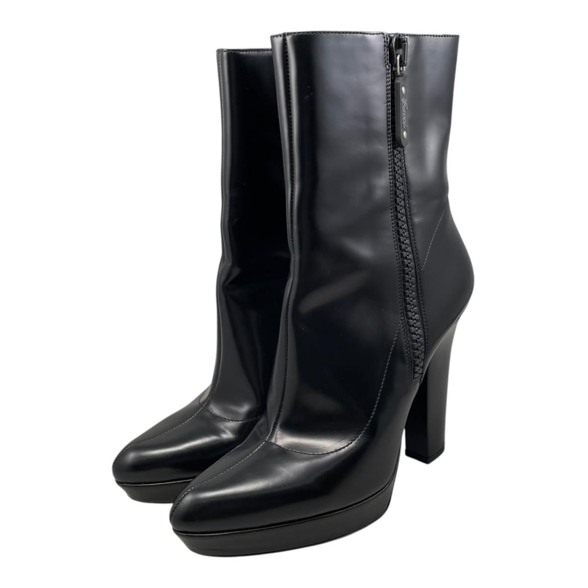 Gucci Ankle Boots Side Zip Heels Leather Logo Black 39