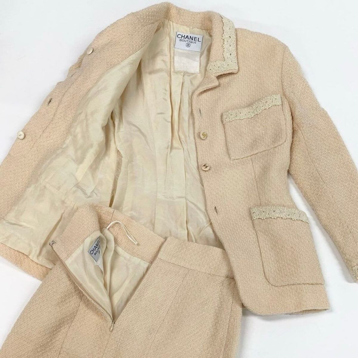Chanel Vintage CC Logo Button Tweed Jacket Skirt Set Ivory Set — view 6