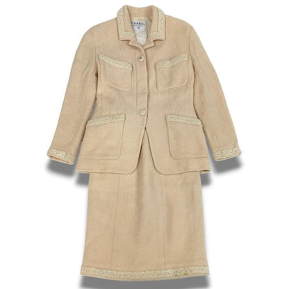 Chanel Vintage CC Logo Button Tweed Jacket Skirt Set Ivory Set — view 2