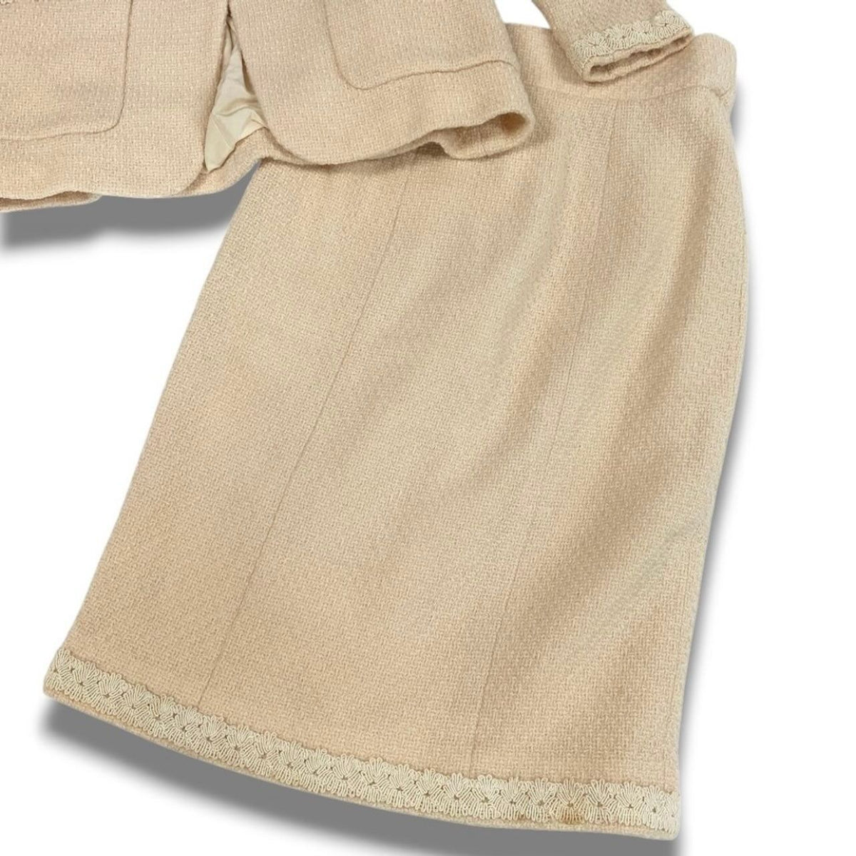 Chanel Vintage CC Logo Button Tweed Jacket Skirt Set Ivory Set — view 7