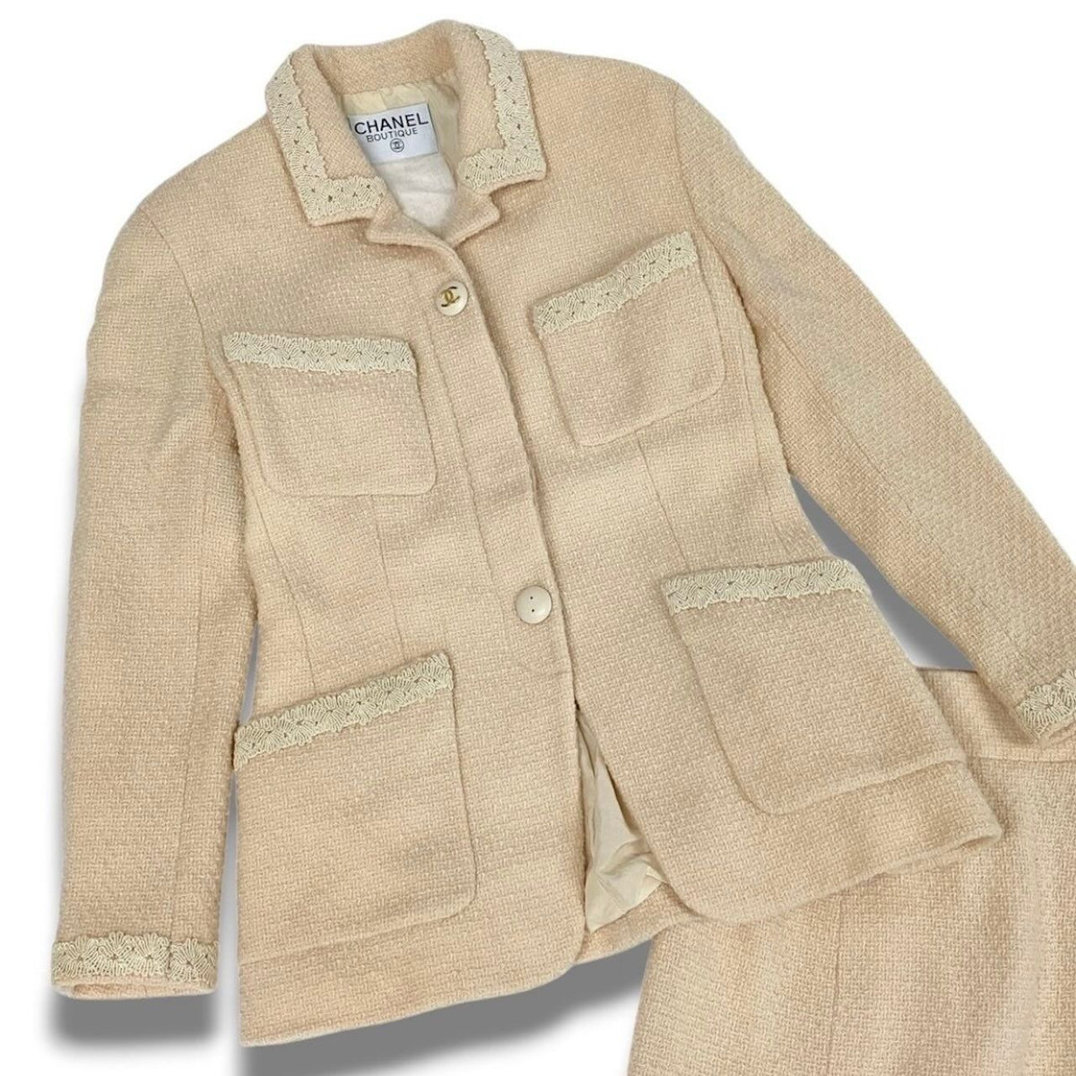 Chanel Vintage CC Logo Button Tweed Jacket Skirt Set Ivory Set — view 4