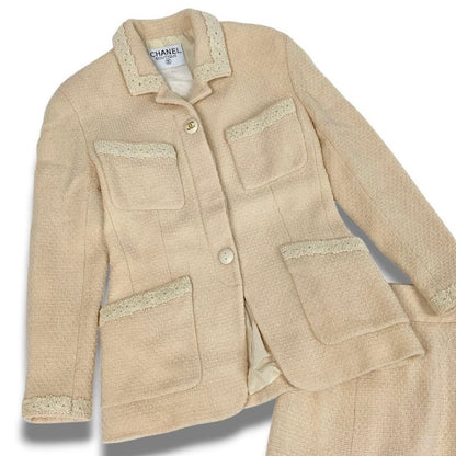 Chanel Vintage CC Logo Button Tweed Jacket Skirt Set Ivory Set — view 4