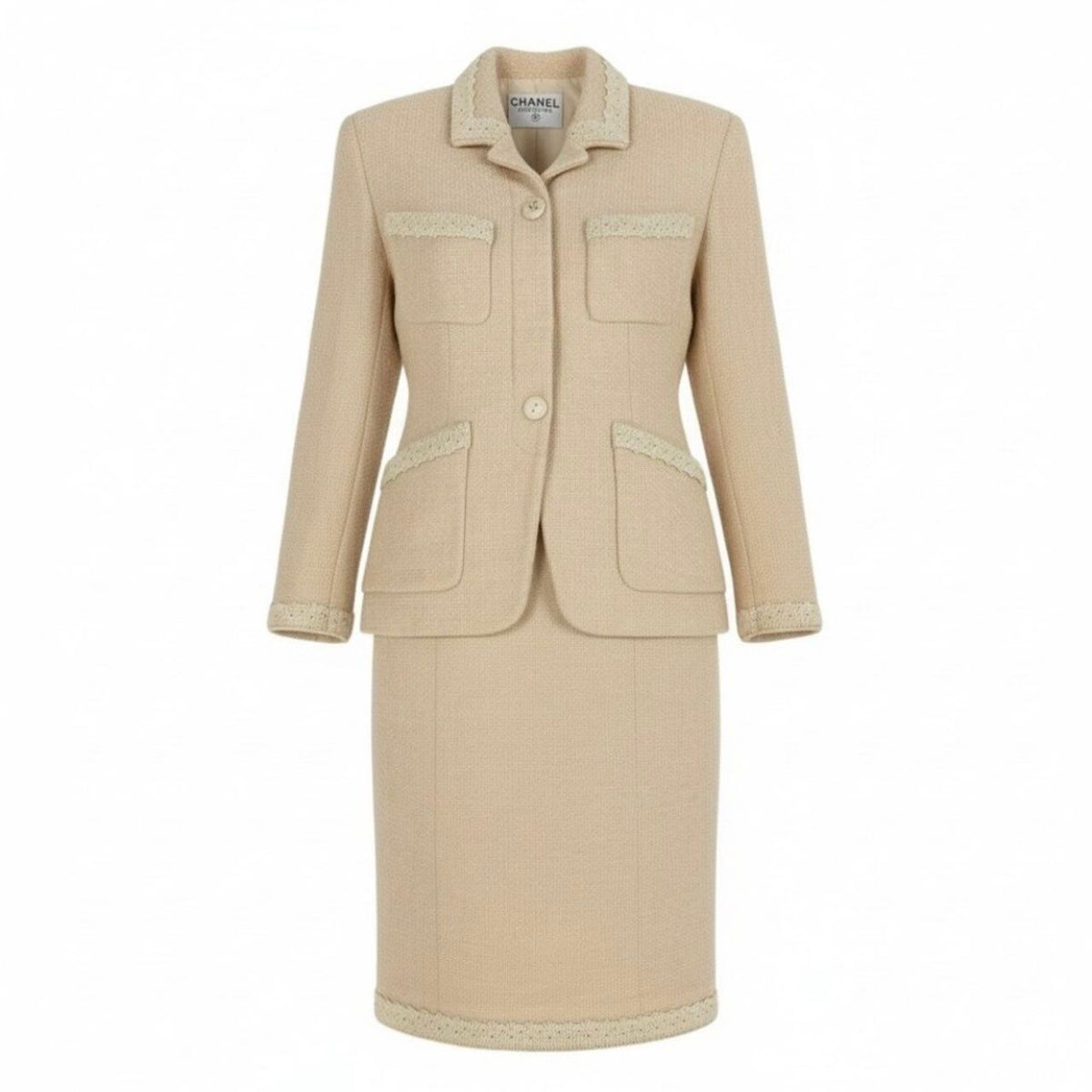 Chanel Vintage CC Logo Button Tweed Jacket Skirt Set Ivory Set