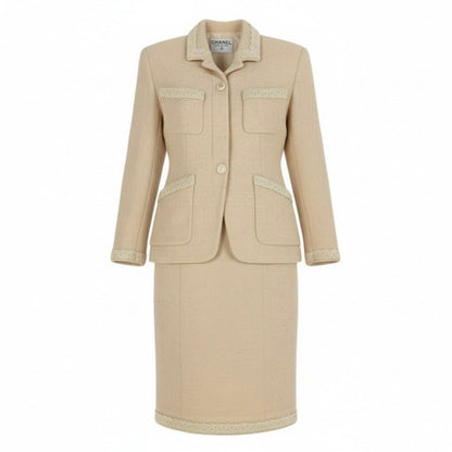 Chanel Vintage CC Logo Button Tweed Jacket Skirt Set Ivory Set