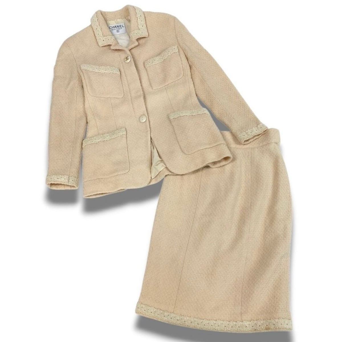 Chanel Vintage CC Logo Button Tweed Jacket Skirt Set Ivory Set — view 3