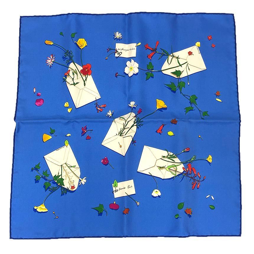 Hermes Scarf Carre 45 Des Fleurs Pour le Dire Flower Letter Blue