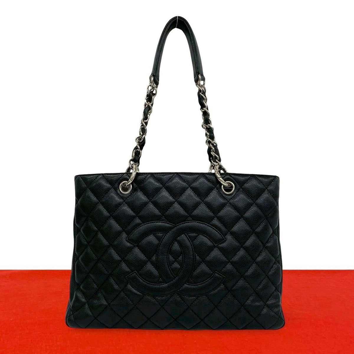 Chanel Grand Shopping Tote Bag GST Quilted CC Logo Caviar Leather Black