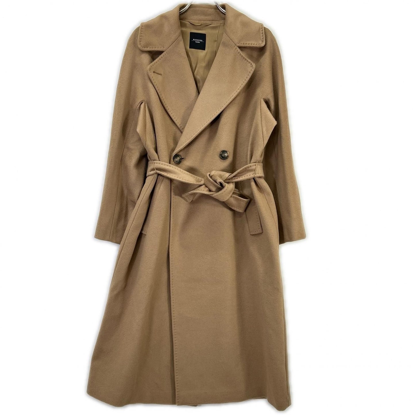 Max Mara Weekend Brown Pure Vagin Wool 100 Resina Double Breasted Belted Long
