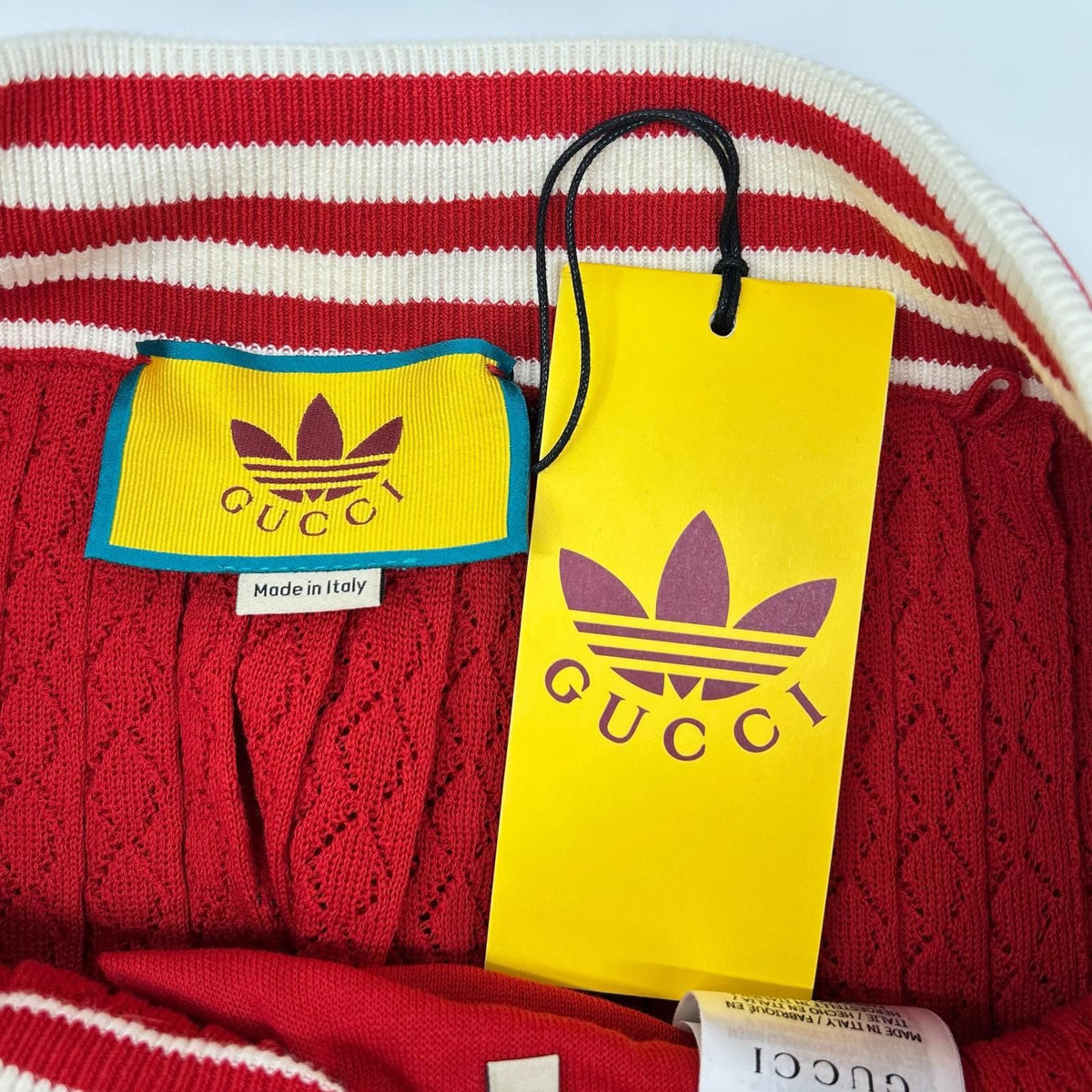 Gucci Adidas Red White Silk Blend 3 Stripes Lace Up Knit Wide Pants XL — view 3