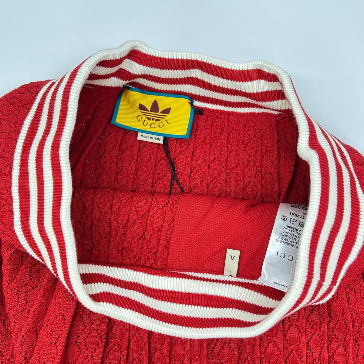 Gucci Adidas Red White Silk Blend 3 Stripes Lace Up Knit Wide Pants XL — view 7