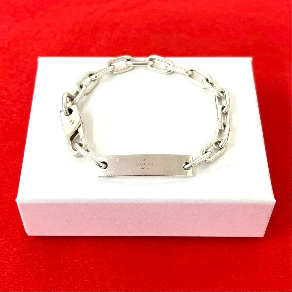 Gucci Vintage ID Plate Chain Bracelet Logo 925 Sterling Silver Bangle