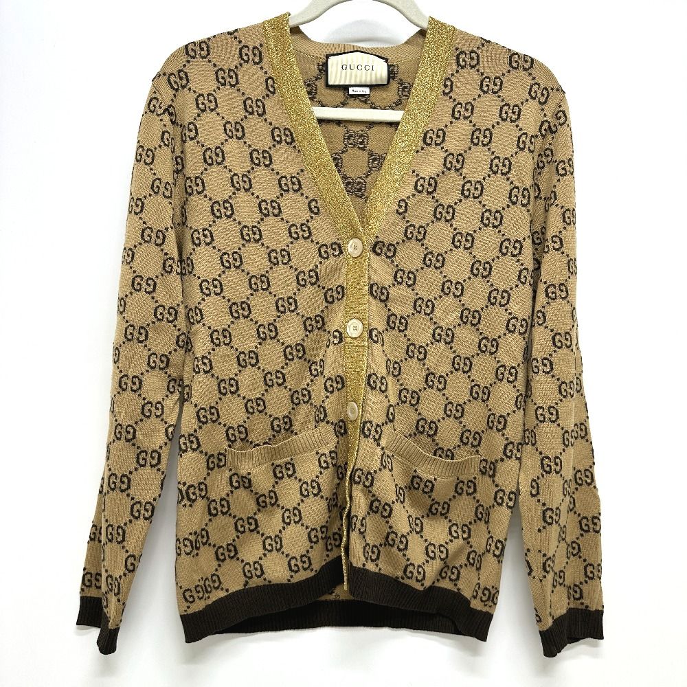 Gucci Cardigan Lame Contrast GG Pattern Wool Brown Cardigan