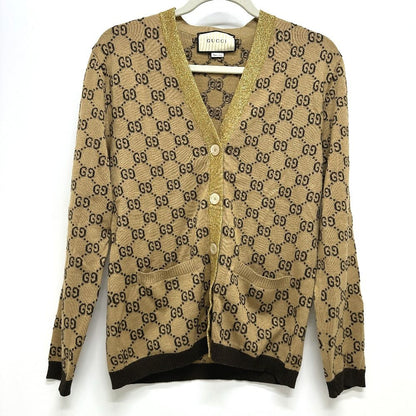 Gucci Cardigan Lame Contrast GG Pattern Wool Brown Cardigan