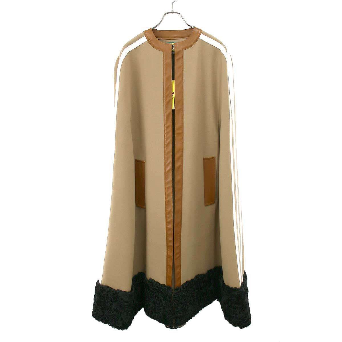 Gucci Adidas Wool Shearling 3 Stripes Logo Embroidered Cape Coat Camel Brown 44