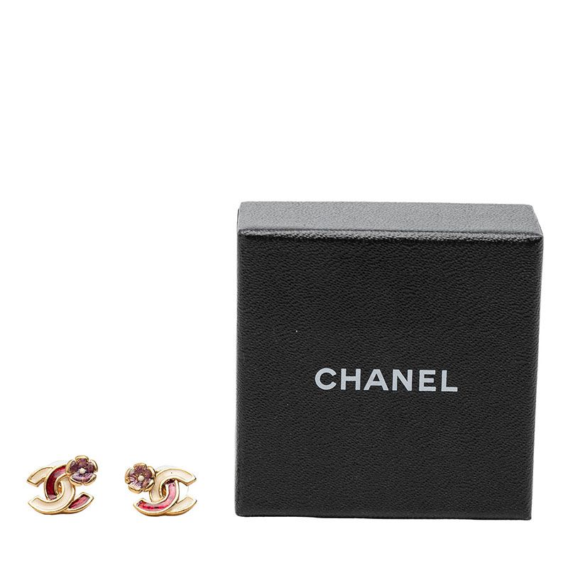 Chanel 03P CC Logo Camellia Stud Earrings Gold Multicolor Plated — view 4