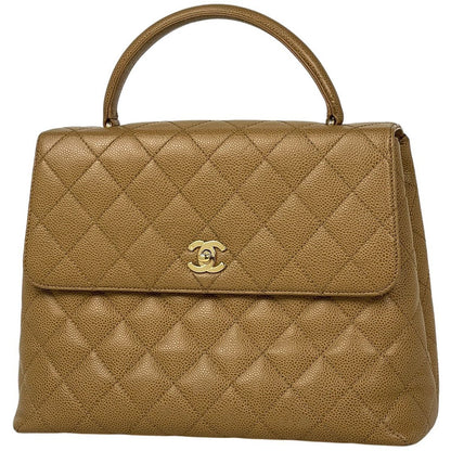 Chanel CC Logo Handbag Quilted Caviar Leather Beige