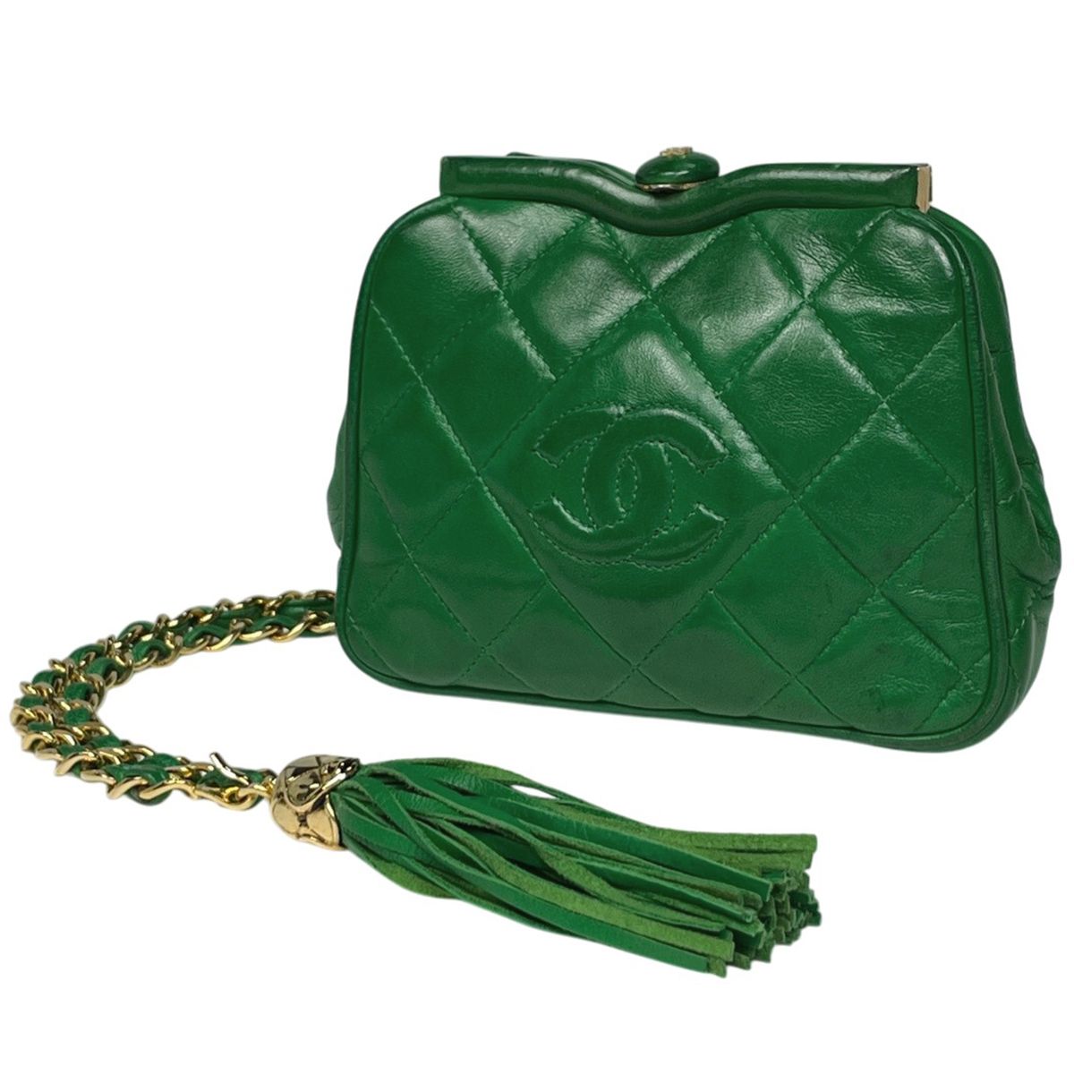 Chanel CC Logo Chain Shoulder Bag 2-Way Kiss Lock Leather Green
