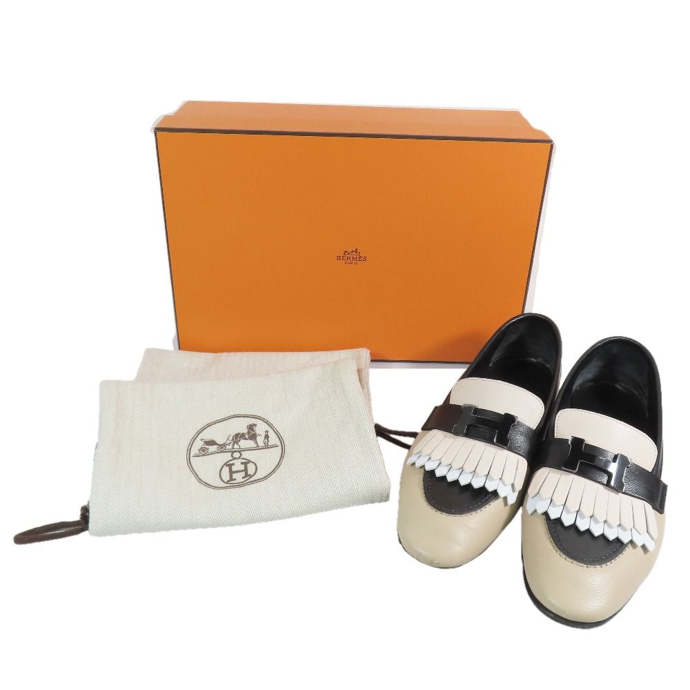 Hermes Royale Moccasins Loafers Tassel Logo Fringe Leather Shoes Beige 35.5 — view 8