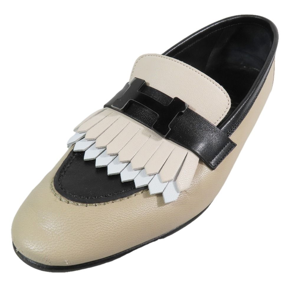 Hermes Royale Moccasins Loafers Tassel Logo Fringe Leather Shoes Beige 35.5