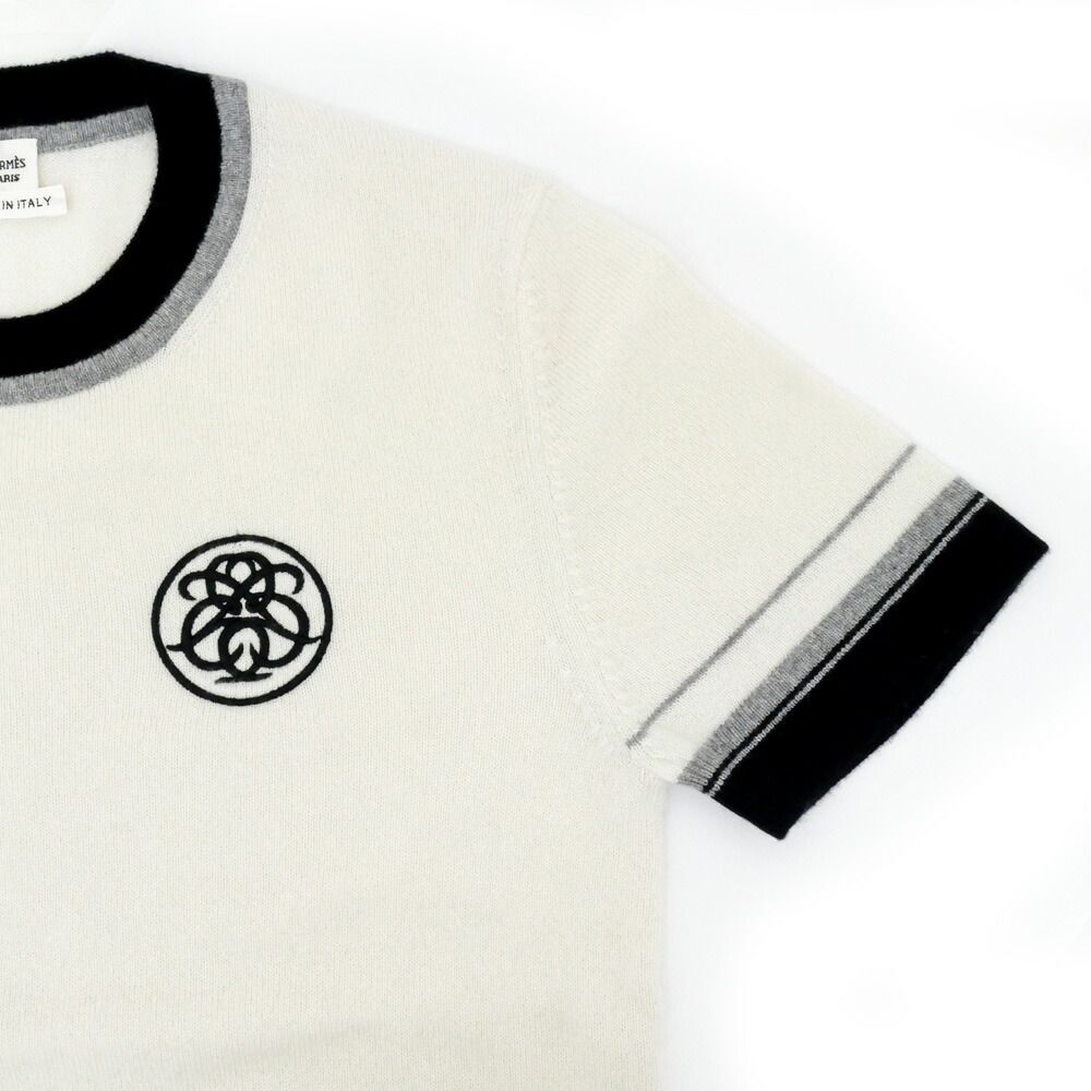 Hermes Short Sleeve Knit Ex-Libris Motif 34 Blanc Nakle White Sweater — view 4