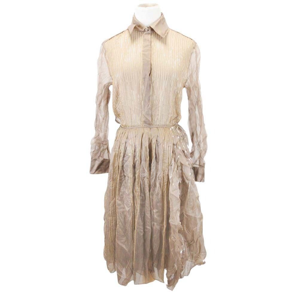 Fendi Silk Organza Shirt Dress Brass Chain Sequin Knee Length 38 Brown
